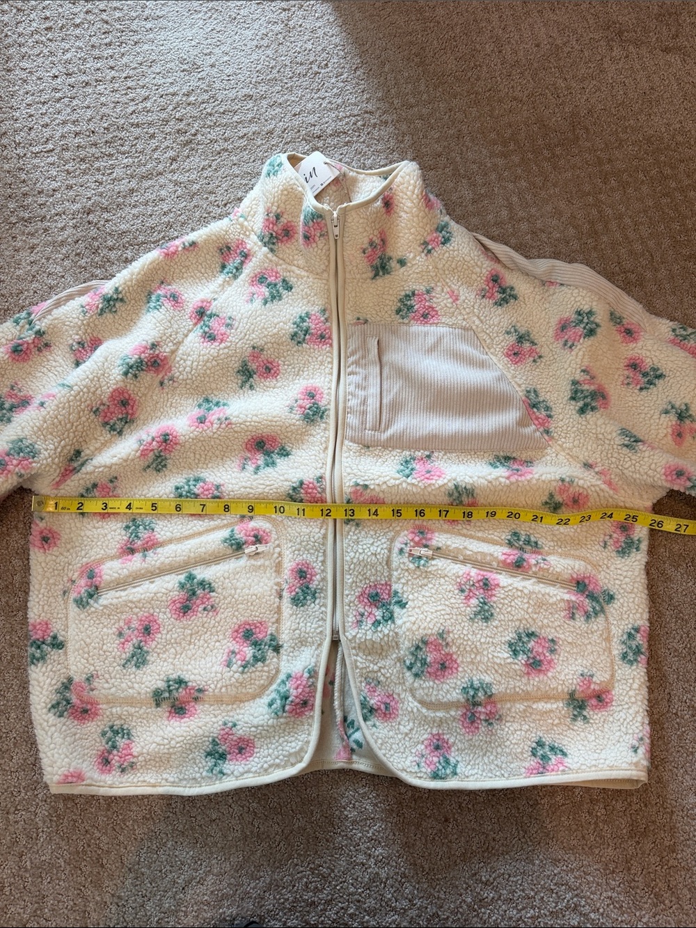 Cream Floral SherpaTeddy zip up with Pink Floral Print - Picture 11 of 12